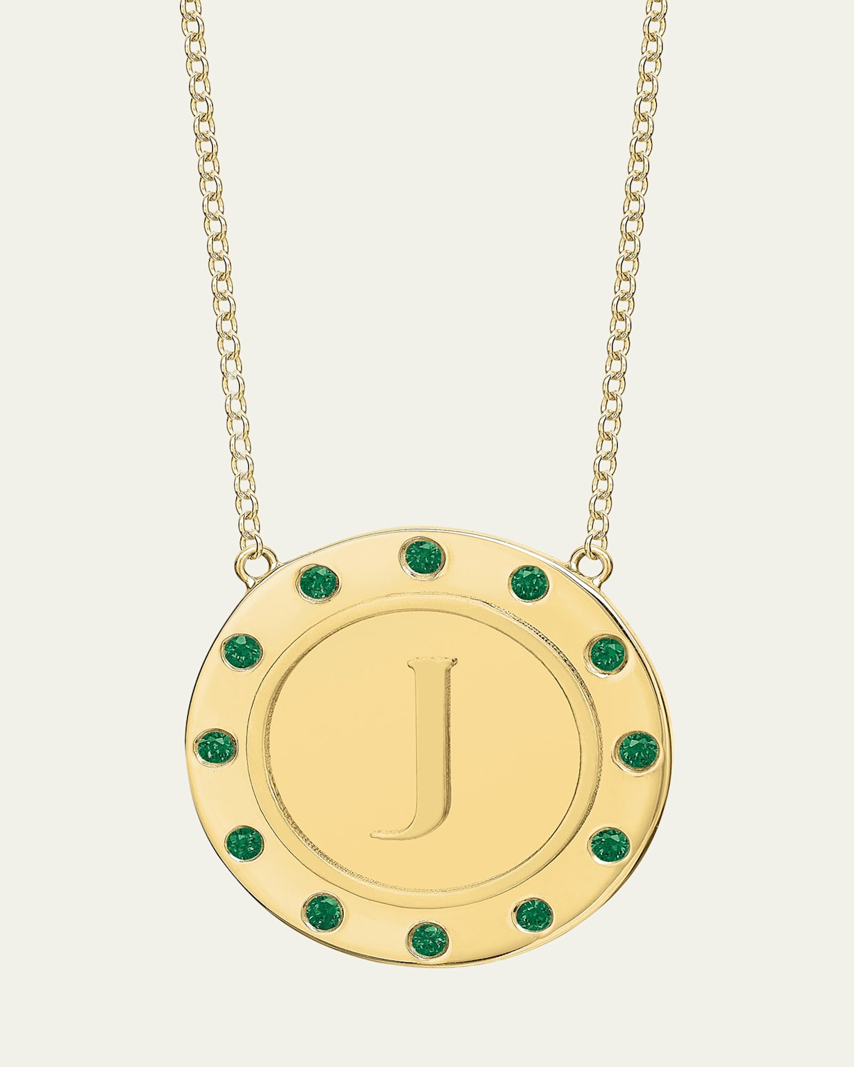 14K Gold Initial Token Necklace with Emeralds
