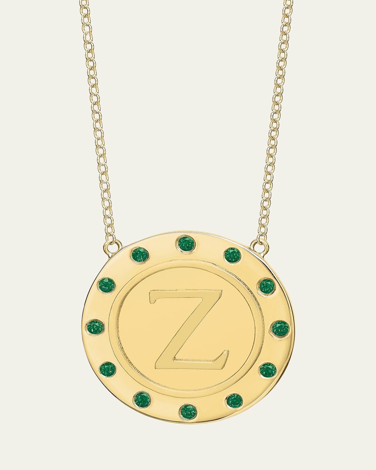 14K Gold Initial Token Necklace with Emeralds