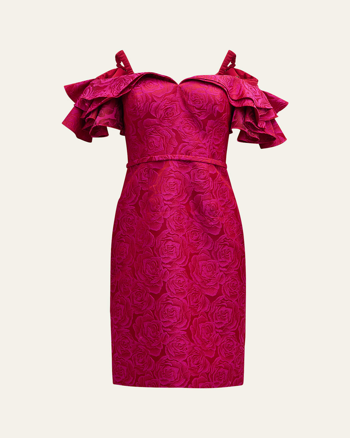 RICKIE FREEMAN FOR TERI JON RUFFLE OFF-SHOULDER FLORAL JACQUARD DRESS 