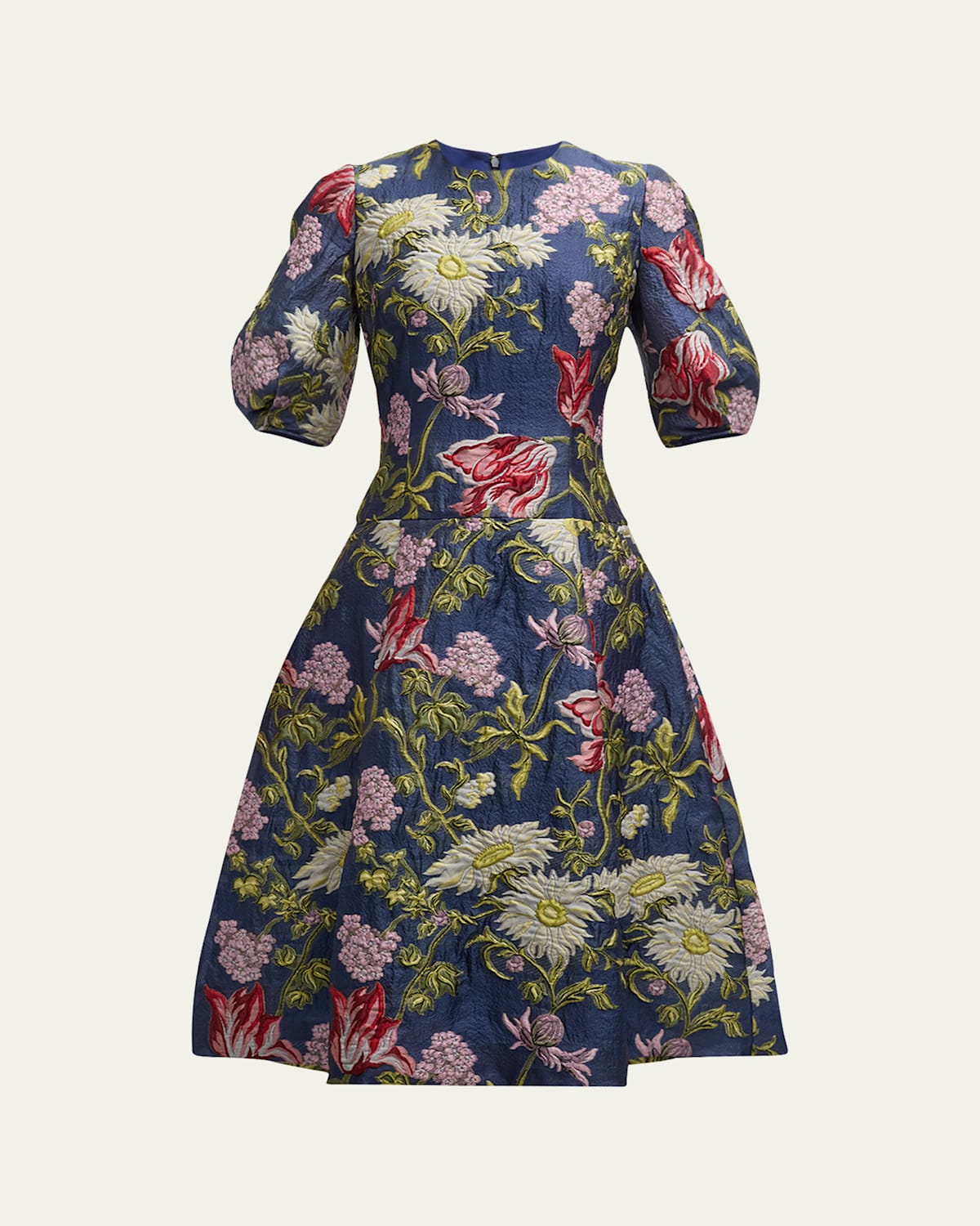 RICKIE FREEMAN FOR TERI JON PUFF-SLEEVE FLORAL JACQUARD MIDI DRESS 