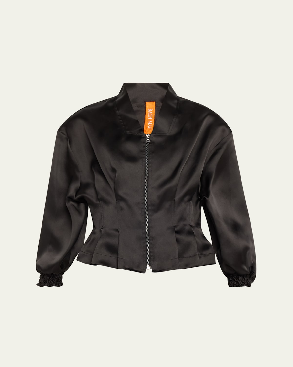 Nipped-Waist Peplum Silk Bomber Jacket
