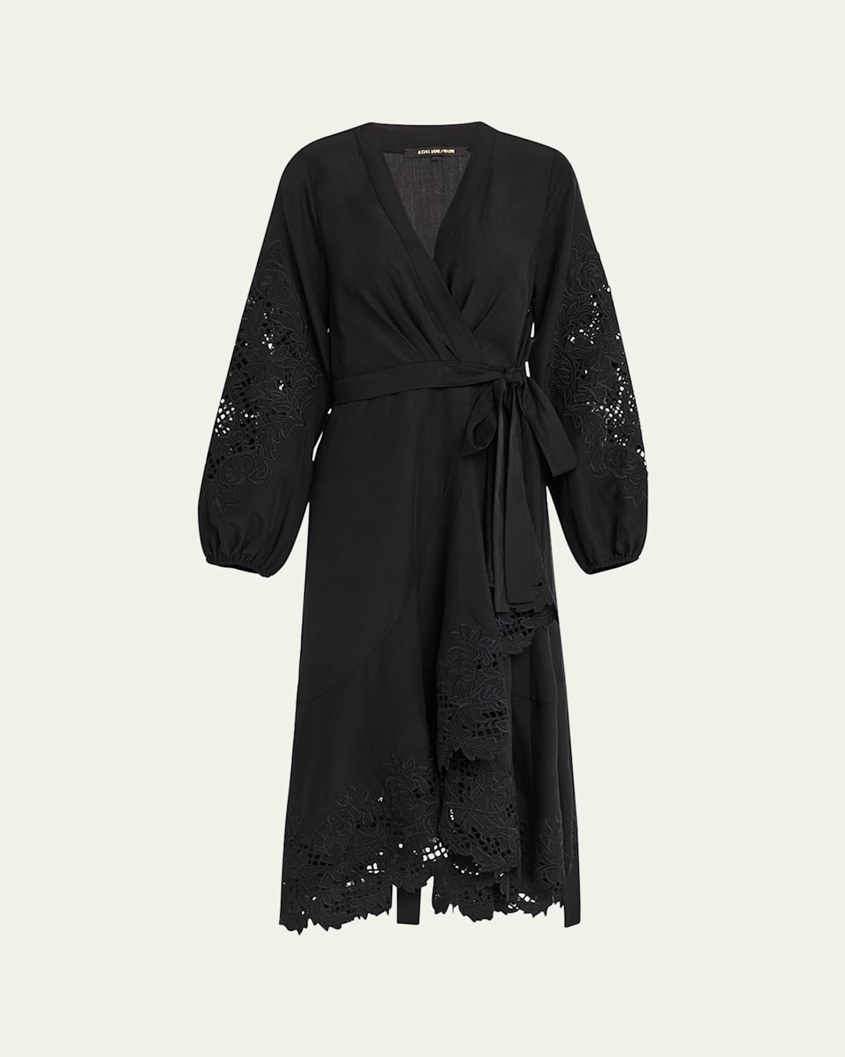 Sigal Embroidered Lace-Inset Midi Wrap Dress