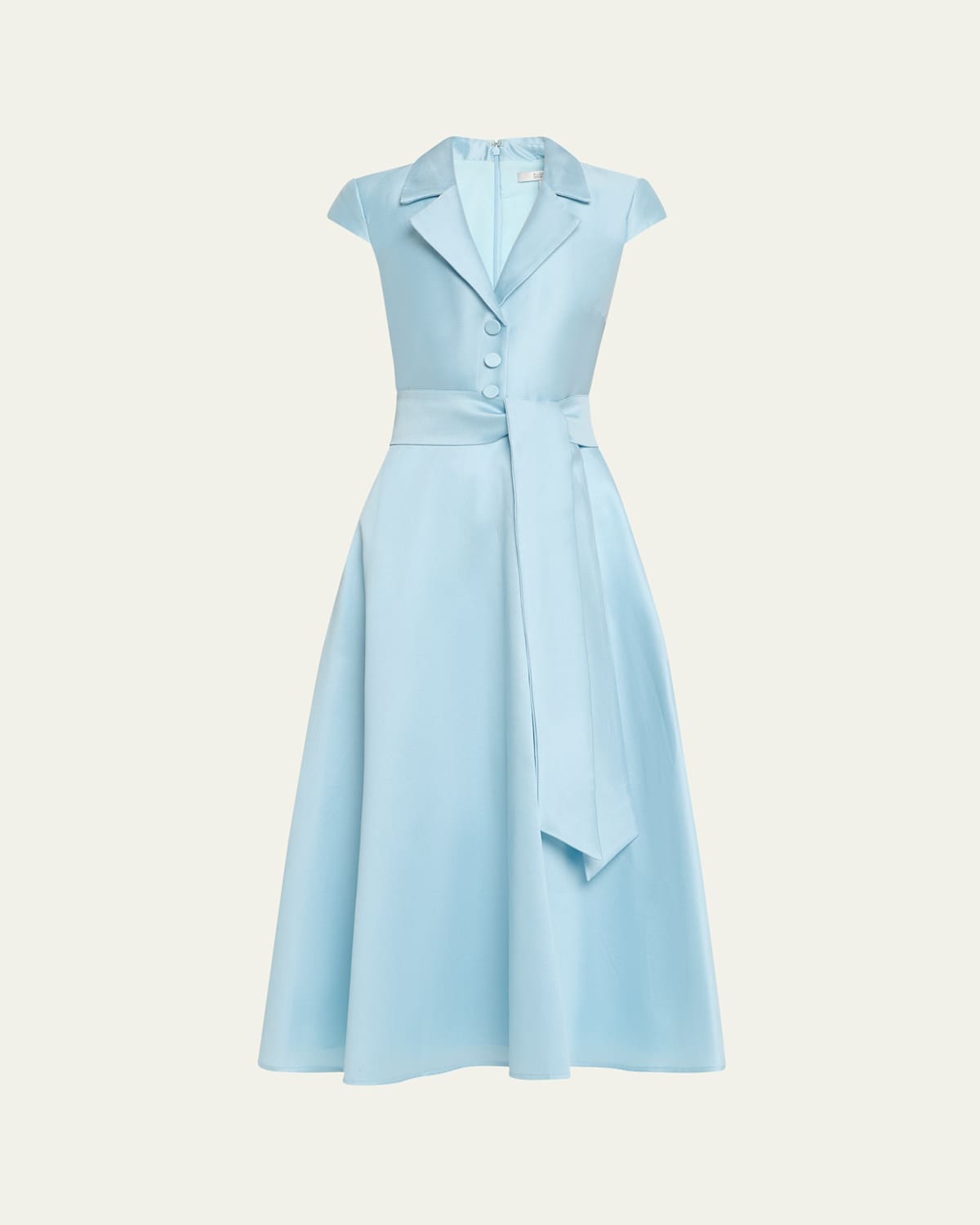 Badgley Mischka Belted Cap-sleeve Pique Midi Shirtdress In Hydra Blue