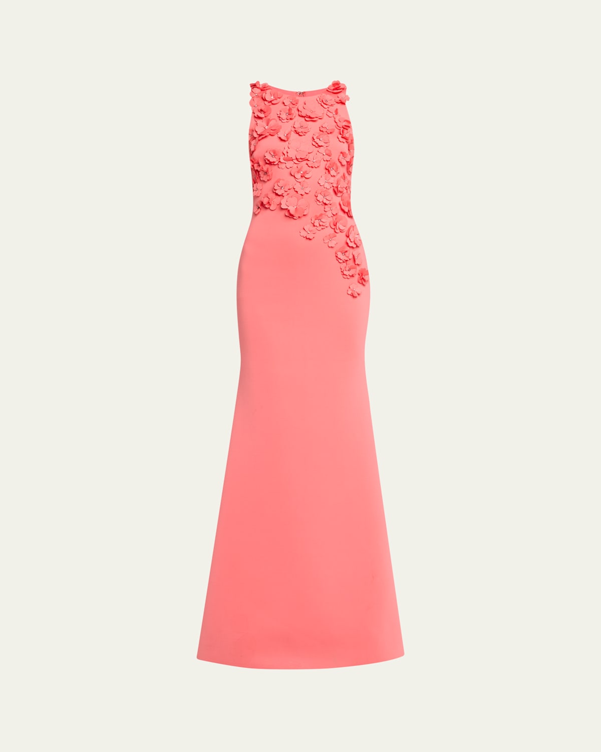 Badgley Mischka 3d Floral Scuba Gown In Coral